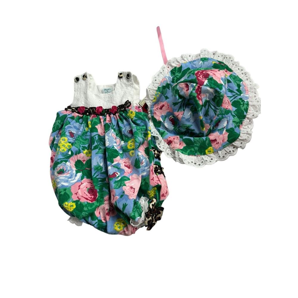 Vintage Peaches nโ Cream Baby Girls Ruffle Bubble And Hat Set Floral Leopard 3/6